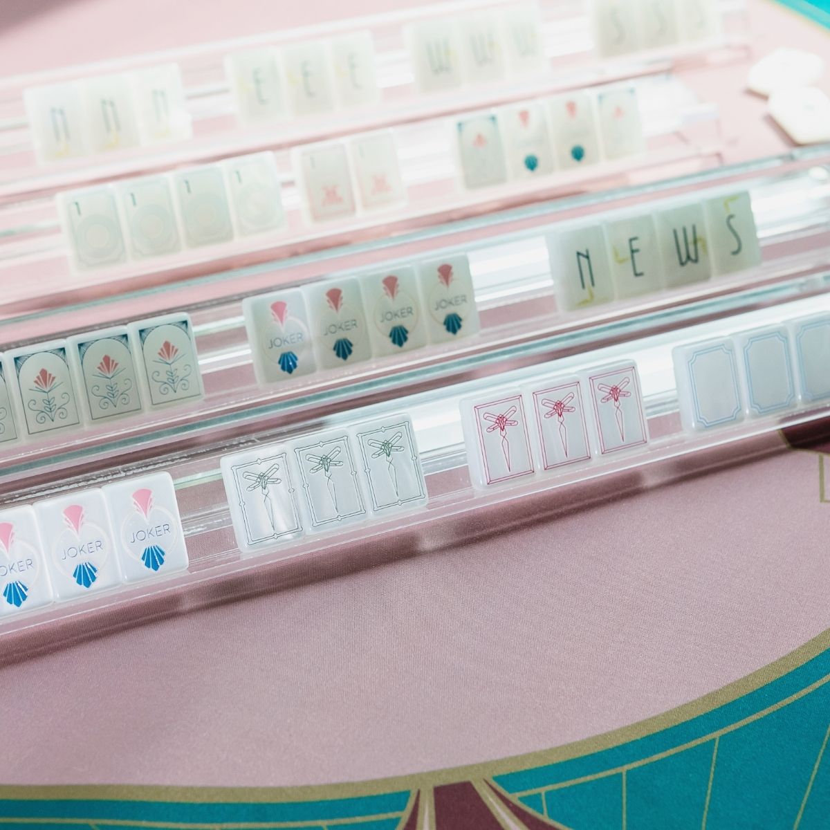 Mother of Pearl Deco tiles on racks — jokers, dragonflies, and winds