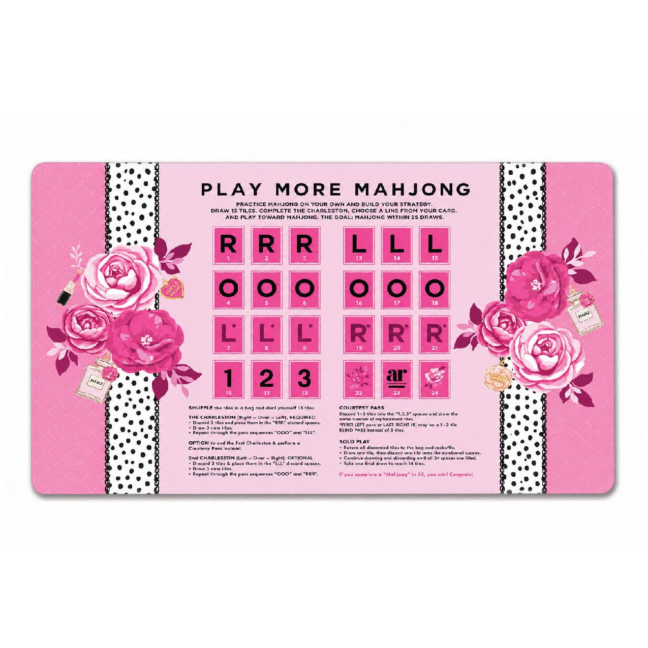 Eau de Mahj solo play mahjong mat — ‘Play More Mahjong’ printed practice layout with pink peonies and spotted stripes