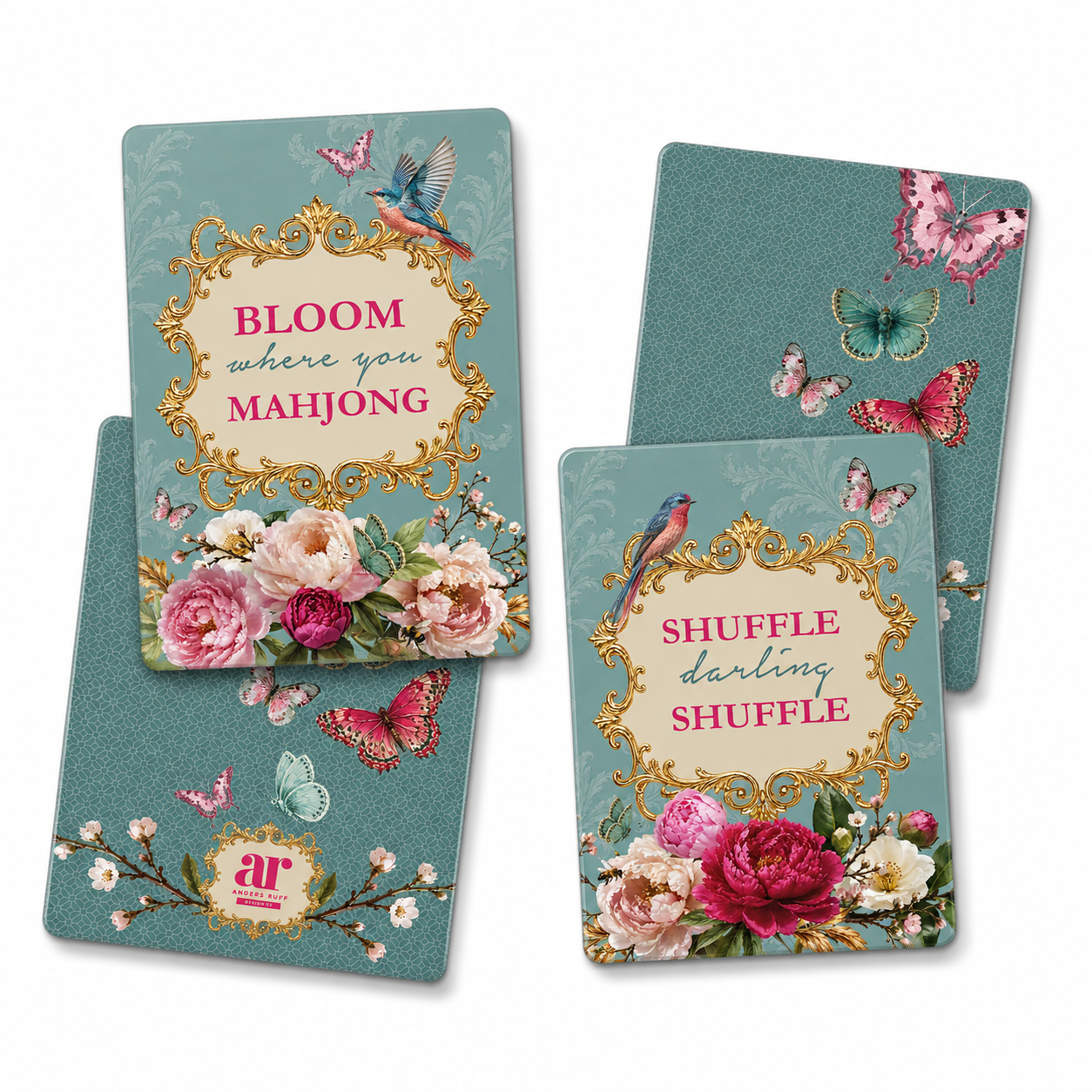 Mahj in Bloom mahjong tile shufflers — ‘Bloom where you Mahjong’ and ‘Shuffle, darling, shuffle’ garden design cards