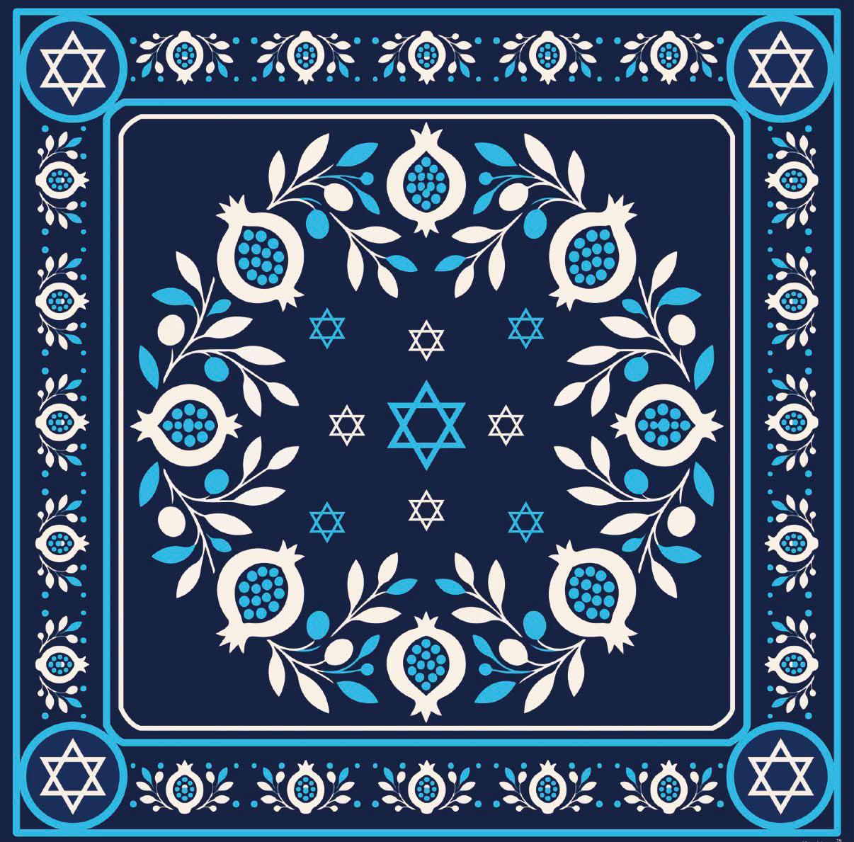 Shalom mahjong mat with pomegranate and Star of David design in navy, cream, and turquoise